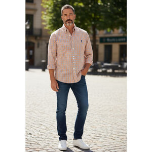 Ralph Lauren Men's Orange Plaid Long Sleeve Pony Logo Button Up Shirt Size L